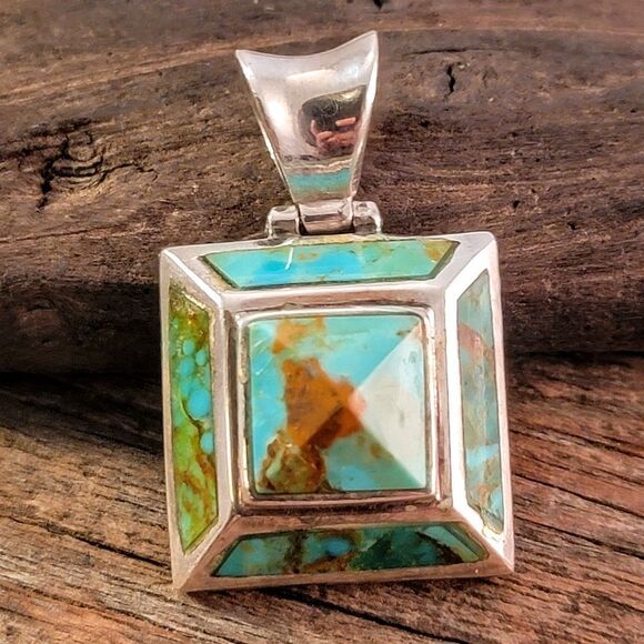 Sterling Gold Matrix Blue Green Turquoise Pyramid Pendant - Picture 3 of 9